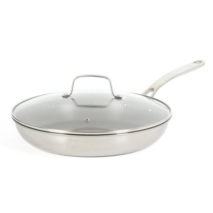 Martha Stewart Badgley Hybrid Nonstick 12 Inch TriPly Stainless Steel Large Fry Pan With Lid & Stay Cool Handle - Laser Etched Non-Toxic Nonstick Skillet - Dishwasher and Induction Safe