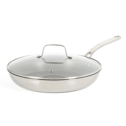 Martha Stewart Badgley Hybrid Nonstick 12 Inch TriPly Stainless Steel Large Fry Pan With Lid & Stay Cool Handle - Laser Etched Non-Toxic Nonstick Skillet - Dishwasher and Induction Safe