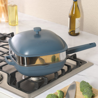 Crock Pot Northvale 5.3 Quart Ceramic Nonstick Sauté Pan with Steamer Basket & Lid, Cast Aluminum Pan with Induction Base and Soft-Touch Handle