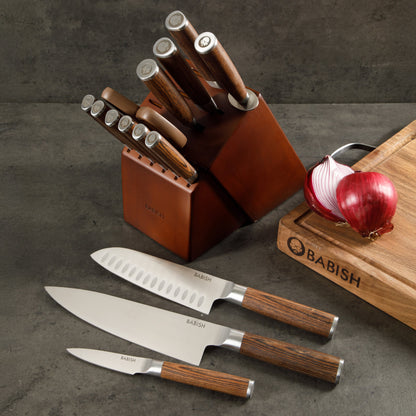 Babish High-Carbon 1.4116 German Steel 15 Piece Full Tang Forged Cutlery Kitchen Knife Block Set - Light/Dark Pakka Wood Handle