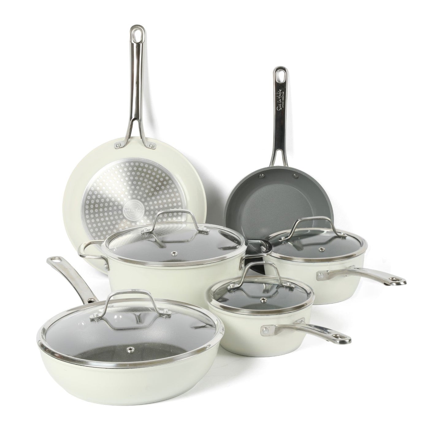 Sur La Table Kitchen Essentials 10-Piece PFA Free Titanium Ceramic Nonstick Interior Forged Aluminum Cookware Pots and Pans Set - Induction Compatible