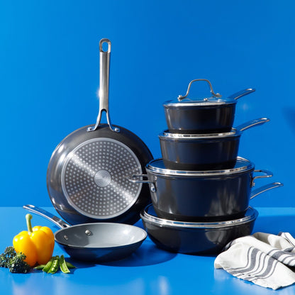 Sur La Table Kitchen Essentials 10-Piece PFA Free Titanium Ceramic Nonstick Interior Forged Aluminum Cookware Pots and Pans Set - Induction Compatible