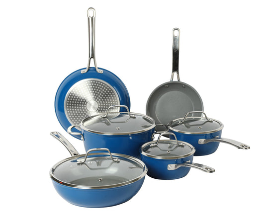 Sur La Table Kitchen Essentials 10-Piece PFA Free Titanium Ceramic Nonstick Interior Forged Aluminum Cookware Pots and Pans Set - Induction Compatible