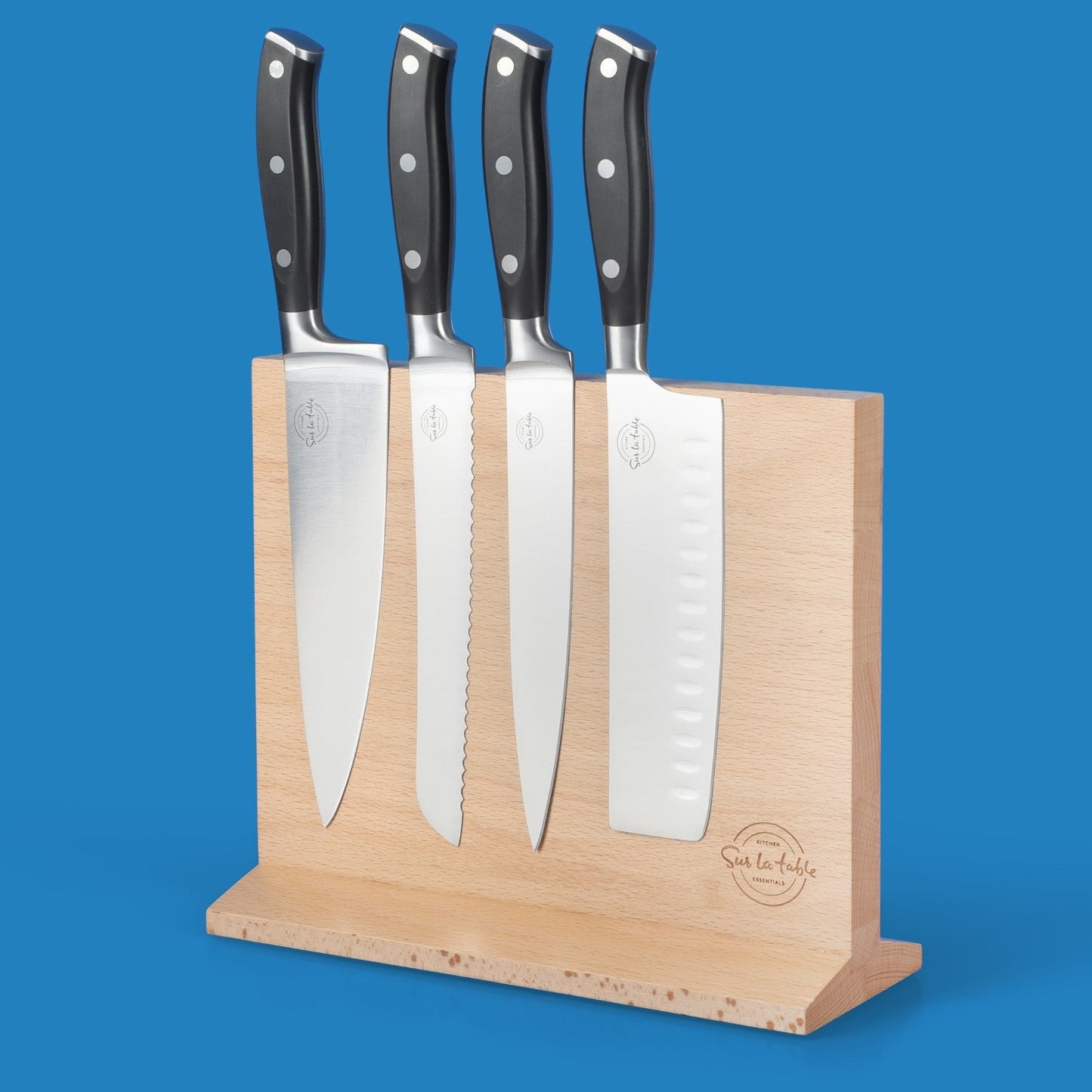 Sur La Table Kitchen Essentials 5-Piece German Steel Blade With Triple Riveted Handle Set on Beechwood Magnetic Block
