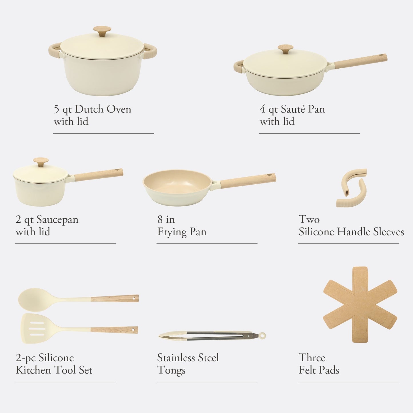 Gibson Elite Folkstone 13 Piece Pots and Pans Durable Cast Aluminum PFA Free Non stick Ceramic Coating Cookware Set W/ Kitchen Tongs, Tools, and Protective Felts - Induction Safe - Linen White W/ Wood Handle