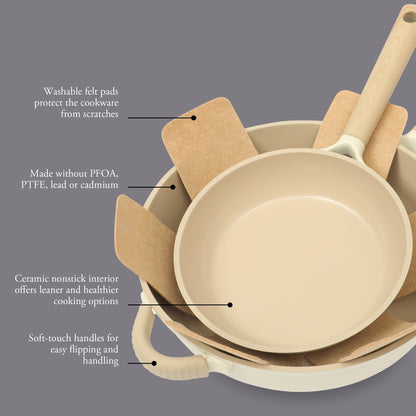 Gibson Elite Folkstone 13 Piece Pots and Pans Durable Cast Aluminum PFA Free Non stick Ceramic Coating Cookware Set W/ Kitchen Tongs, Tools, and Protective Felts - Induction Safe - Linen White W/ Wood Handle