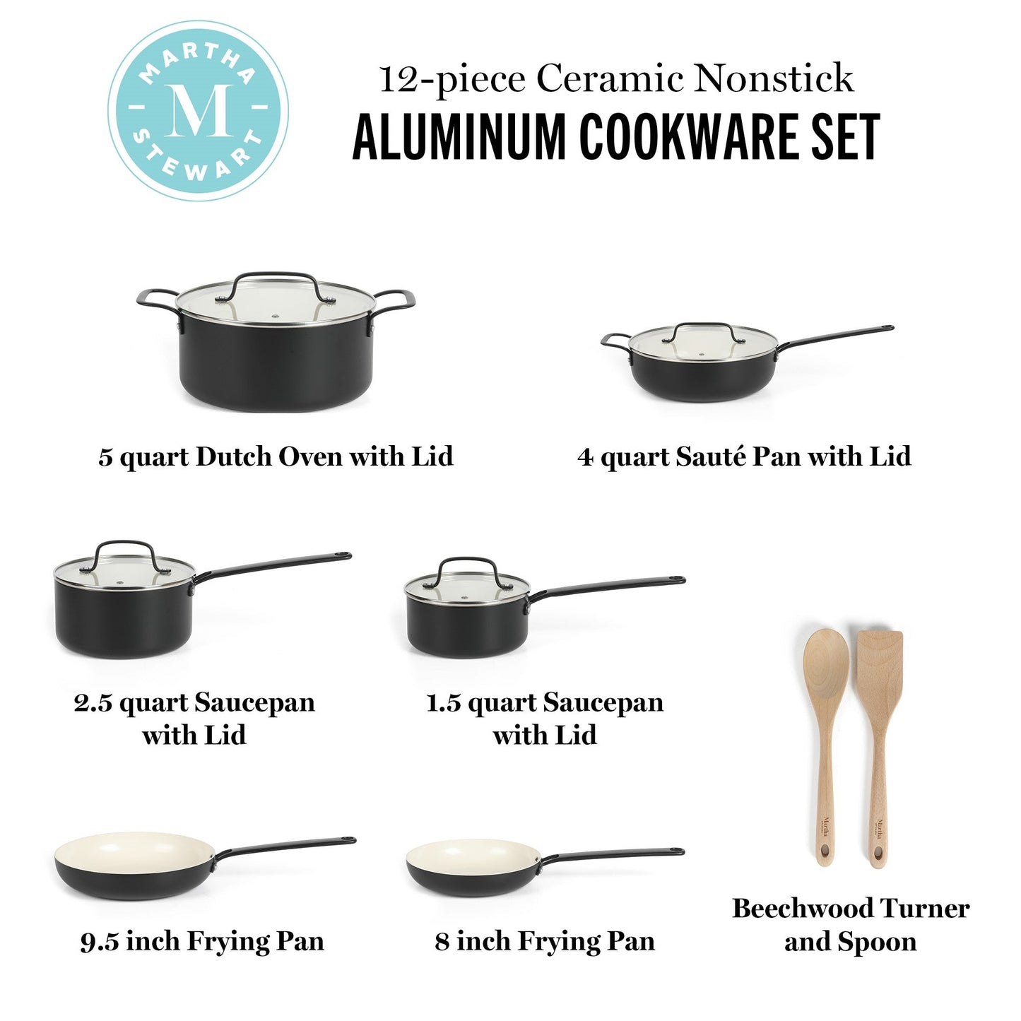 Martha Stewart Emmeline Premium Nonstick PFA Free Ceramic Interior 12 Piece Heavy Gauge Enamel Aluminum Pots and Pans Cookware Set