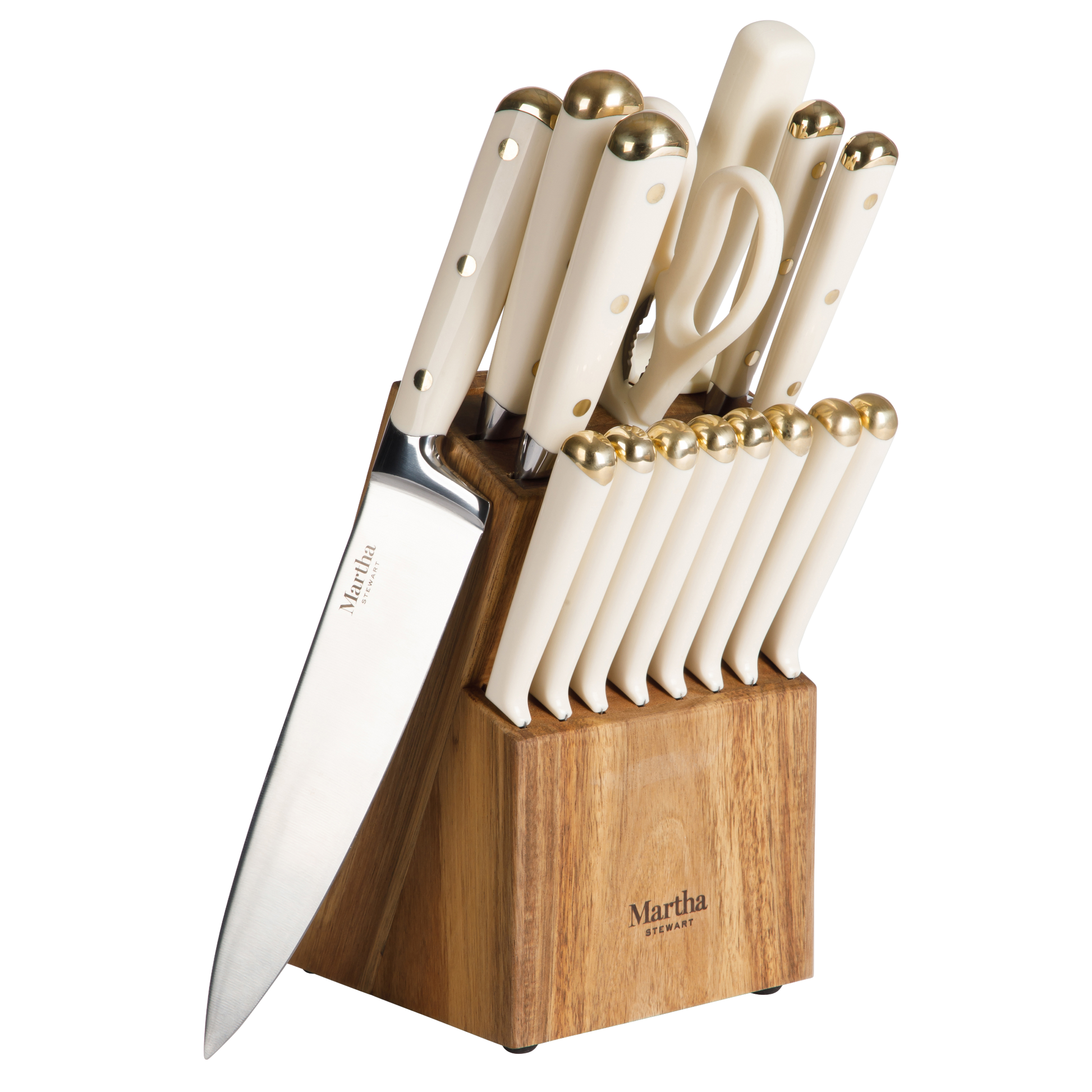 Martha Stewart 16 Piece Lockton High Carbon Stainless Steel Cutlery Kitchen Knife Block Set W/ ABS Tripe Riveted Forged Handle Acacia Wood Block