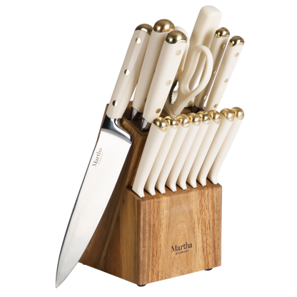 Martha Stewart 16 Piece Lockton High Carbon Stainless Steel Cutlery Kitchen Knife Block Set W/ ABS Tripe Riveted Forged Handle Acacia Wood Block