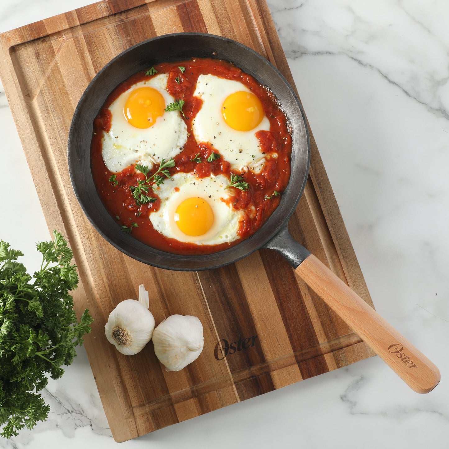 Oster Platinum Flintfield 9.5 Inch Pre-Seasoned Cast Iron Skillet with Wood Handle, Natural Nonstick Lightweight Cast Iron Frying Pan for Searing, Sautéing & Everyday Cooking