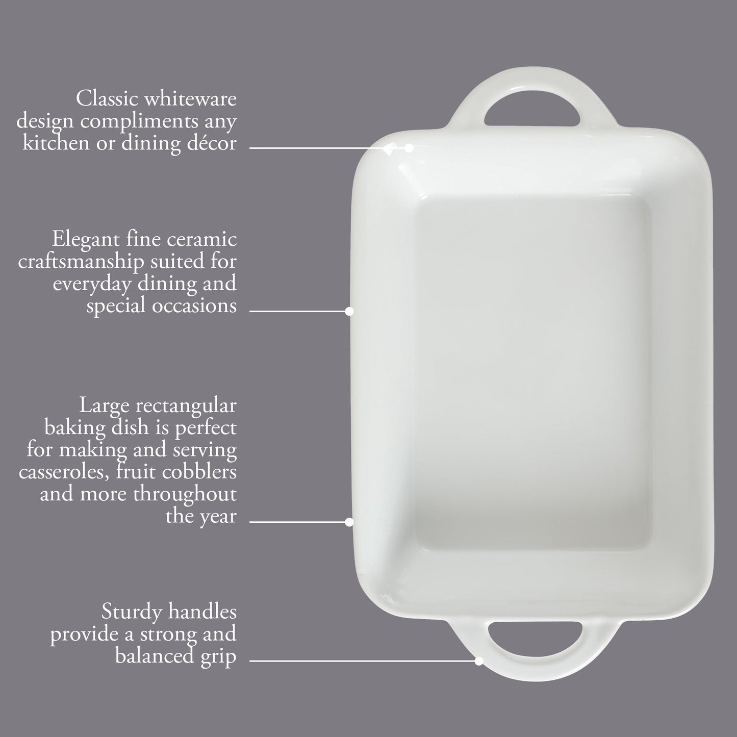 Gibson Home Gracious Dining 2.5-Quart White Stoneware Baking Dish with Handles – 14.6 x 8.5-Inch Rectangular Oven Safe Casserole & Roasting Baker