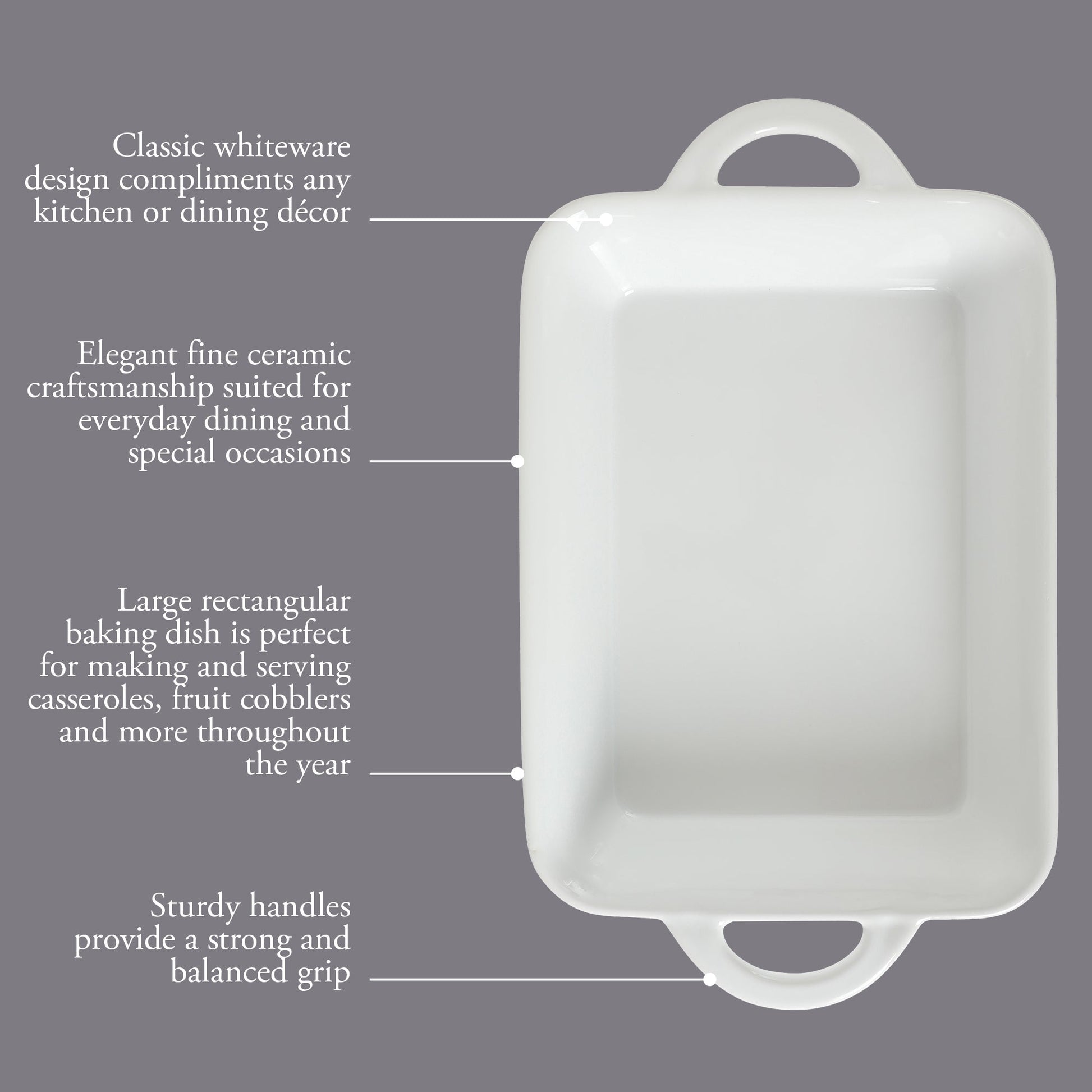 Gibson Home Gracious Dining 2.5-Quart White Stoneware Baking Dish with Handles – 14.6 x 8.5-Inch Rectangular Oven Safe Casserole & Roasting Baker