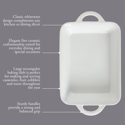 Gibson Home Gracious Dining 2.5-Quart White Stoneware Baking Dish with Handles – 14.6 x 8.5-Inch Rectangular Oven Safe Casserole & Roasting Baker