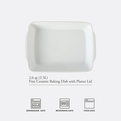 Gibson Home Gracious Dining 2.6-Quart White Stoneware Covered Baking Dish with Multi-Purpose Lid – 12.7 x 9-Inch Rectangular Oven Safe Casserole, Lasagna & Roasting Baker, Lid Doubles as Serveware or Trivet