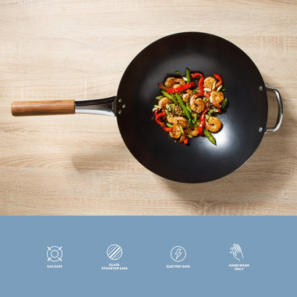 Sur La Table Kitchen Essentials Quick Fire Carbon Steel 13.5" Flat Bottom Wok