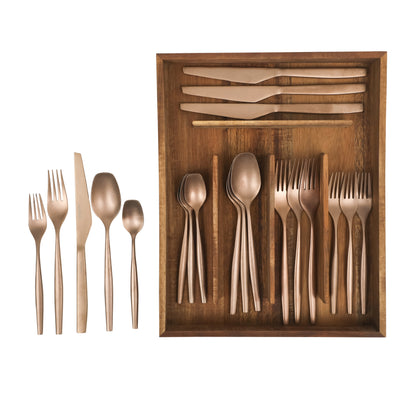 Bloomhouse 20 Piece Stone Washed Flatware 18/10 Stainless Steel Silverware Cutlery Utensil Set With Acacia Wood Caddy - Service for 4