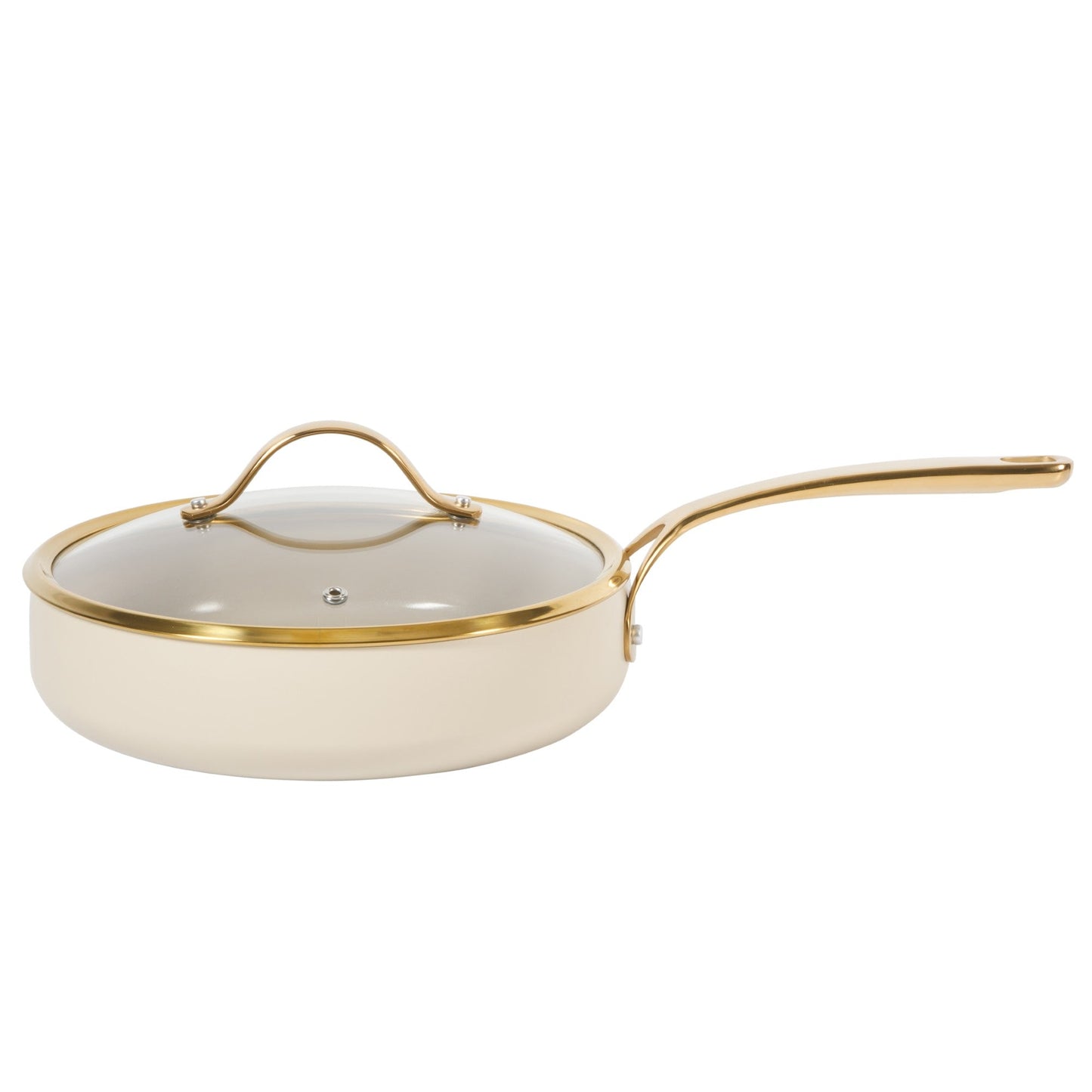 Bloomhouse 10 Inch Heavy Duty Aluminum Premium PFA Free Ceramic Nonstick Saute/Deep Frying Pan Skillet with Lid - Linen White with Gold Handle
