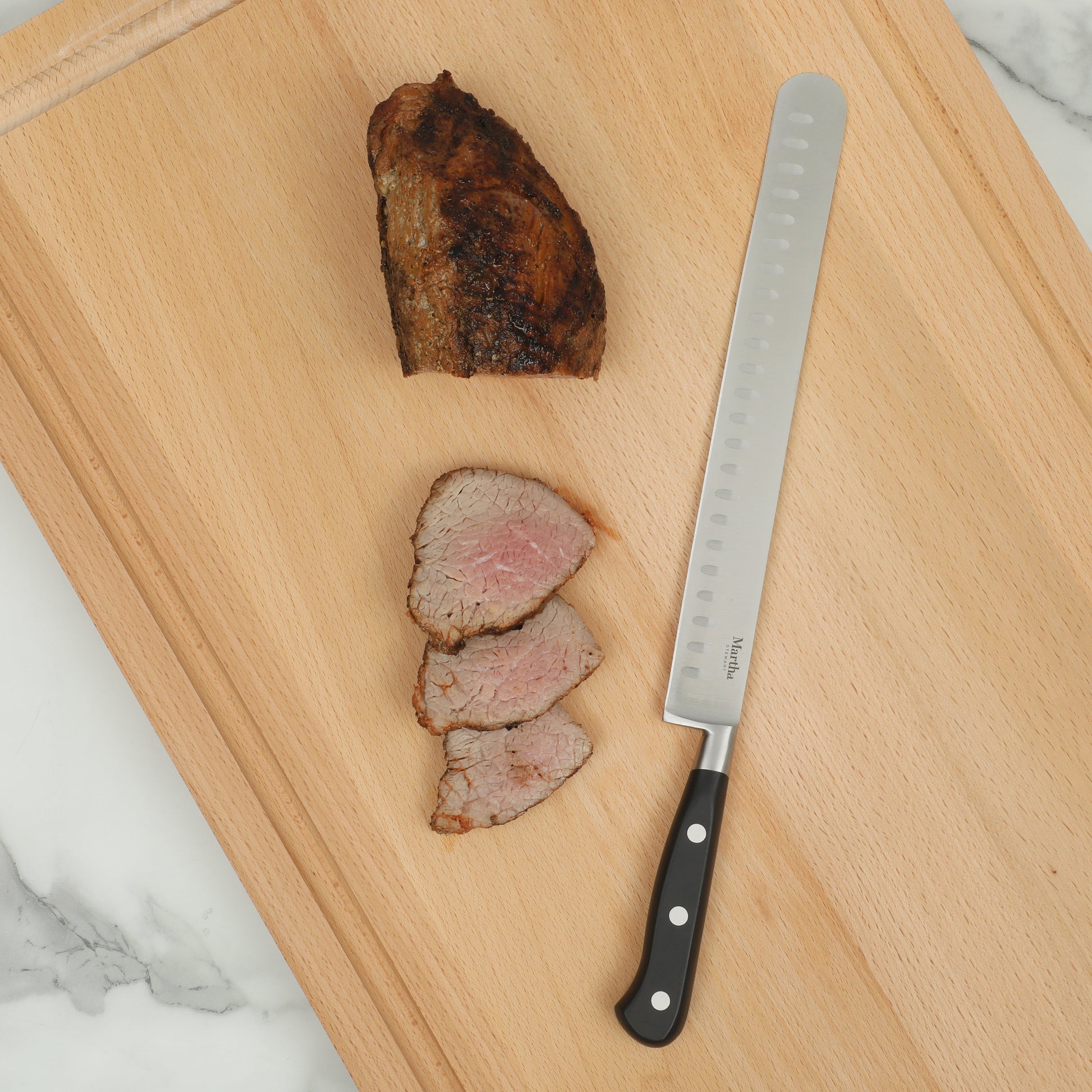Martha Stewart Carverton 10" Hollow Edge Slicer Knife, High Carbon Stainless Steel Kitchen Knive  W/ Black Triple Rivet Handle
