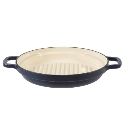 Sur La Table Kitchen Essentials 4-Piece Enameled Cast Iron Stackable Cookware Set, 5.3 Qt Dutch Oven with Lid, Braiser & Grill Pan, Navy Blue, Gold Knob Oven Safe to 500°F, Induction Compatible