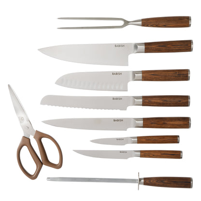 Babish High-Carbon 1.4116 German Steel 15 Piece Full Tang Forged Cutlery Kitchen Knife Block Set - Light/Dark Pakka Wood Handle