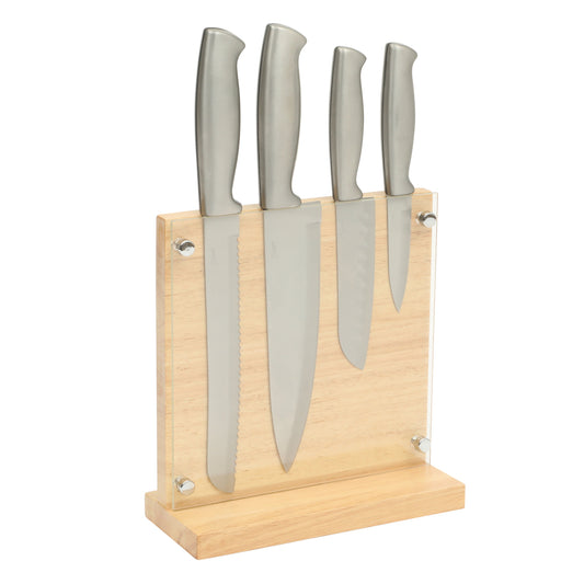 Oster Baldwyn 5-Piece Stainless Steel Knife Block Set with Wood Magnetic Stand – Countertop Display & Knife-Safe Storage