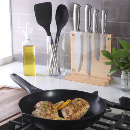 Oster Baldwyn 5-Piece Stainless Steel Knife Block Set with Wood Magnetic Stand – Countertop Display & Knife-Safe Storage