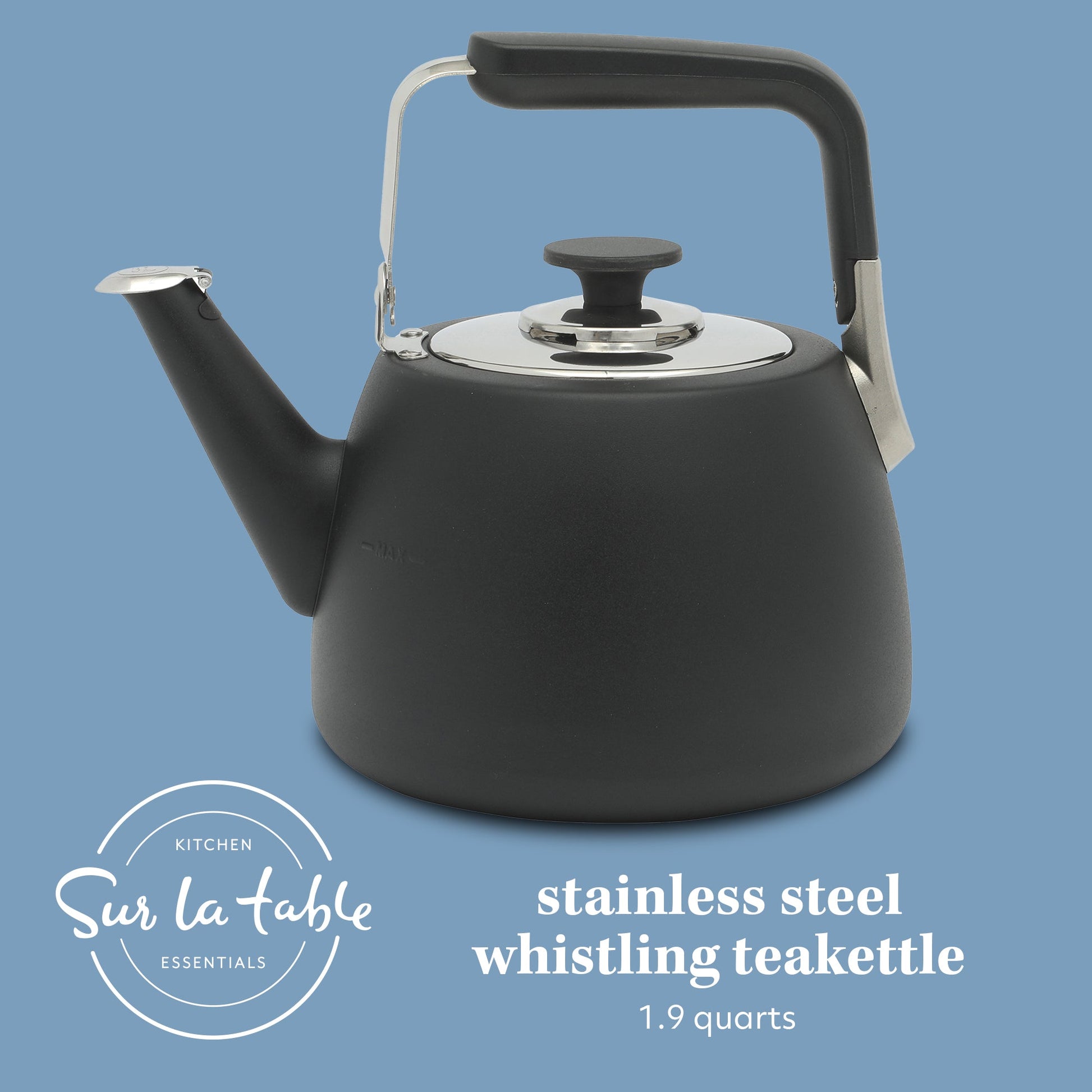 Sur La Table Kitchen Essential Large 2 QT Heavy Gauge Stainless Steel Whistling Tea Kettle