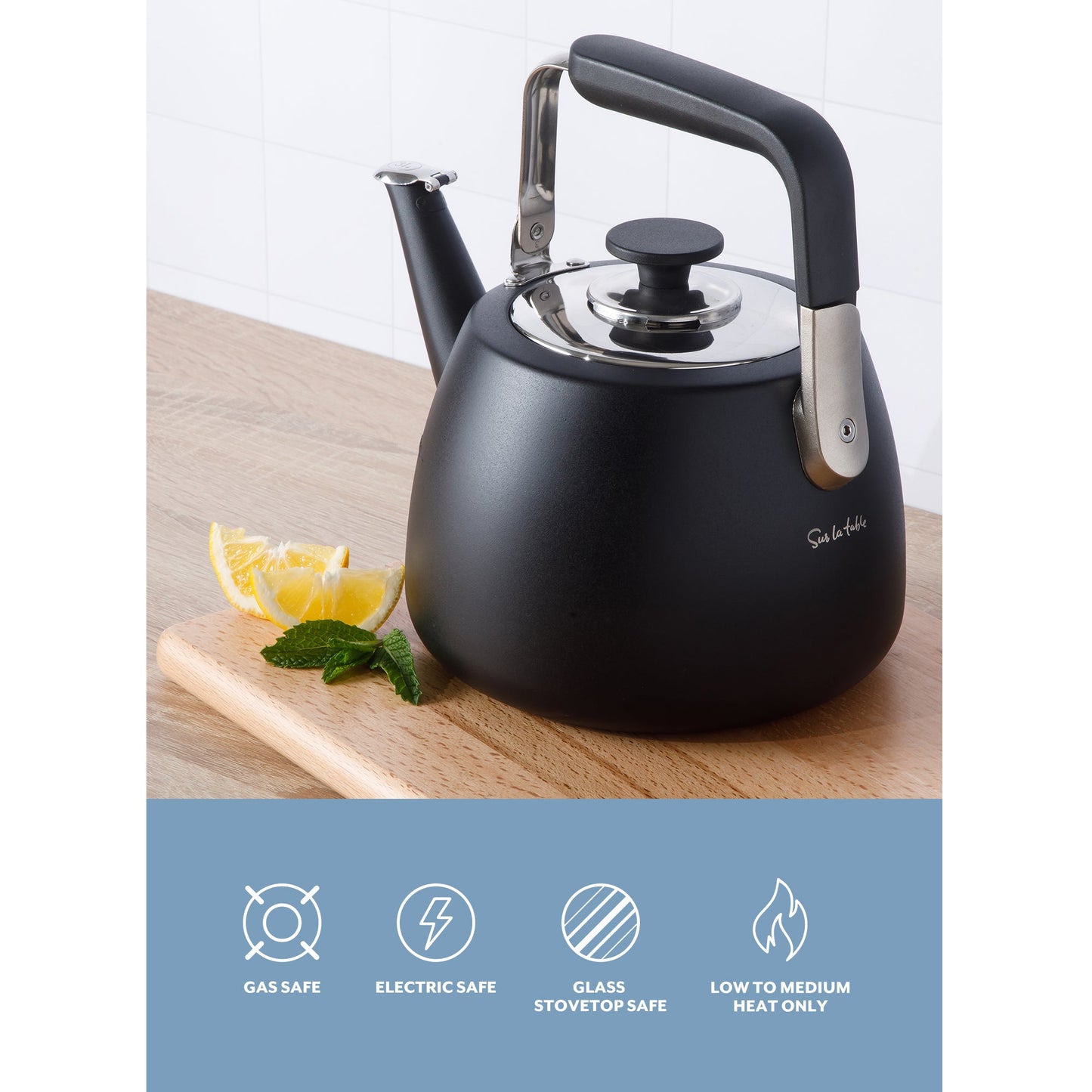 Sur La Table Kitchen Essential Large 2 QT Heavy Gauge Stainless Steel Whistling Tea Kettle