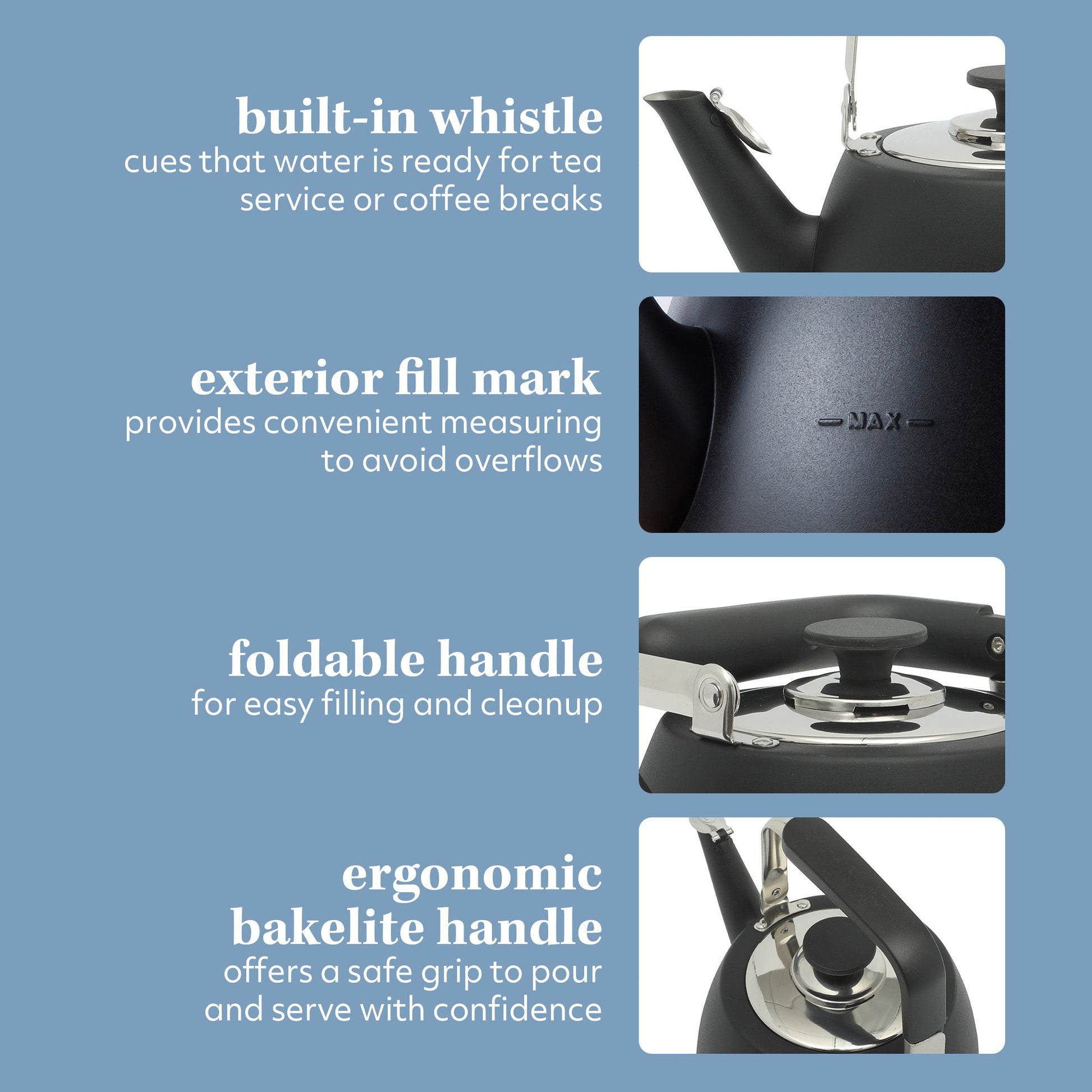 Sur La Table Kitchen Essential Large 2 QT Heavy Gauge Stainless Steel Whistling Tea Kettle