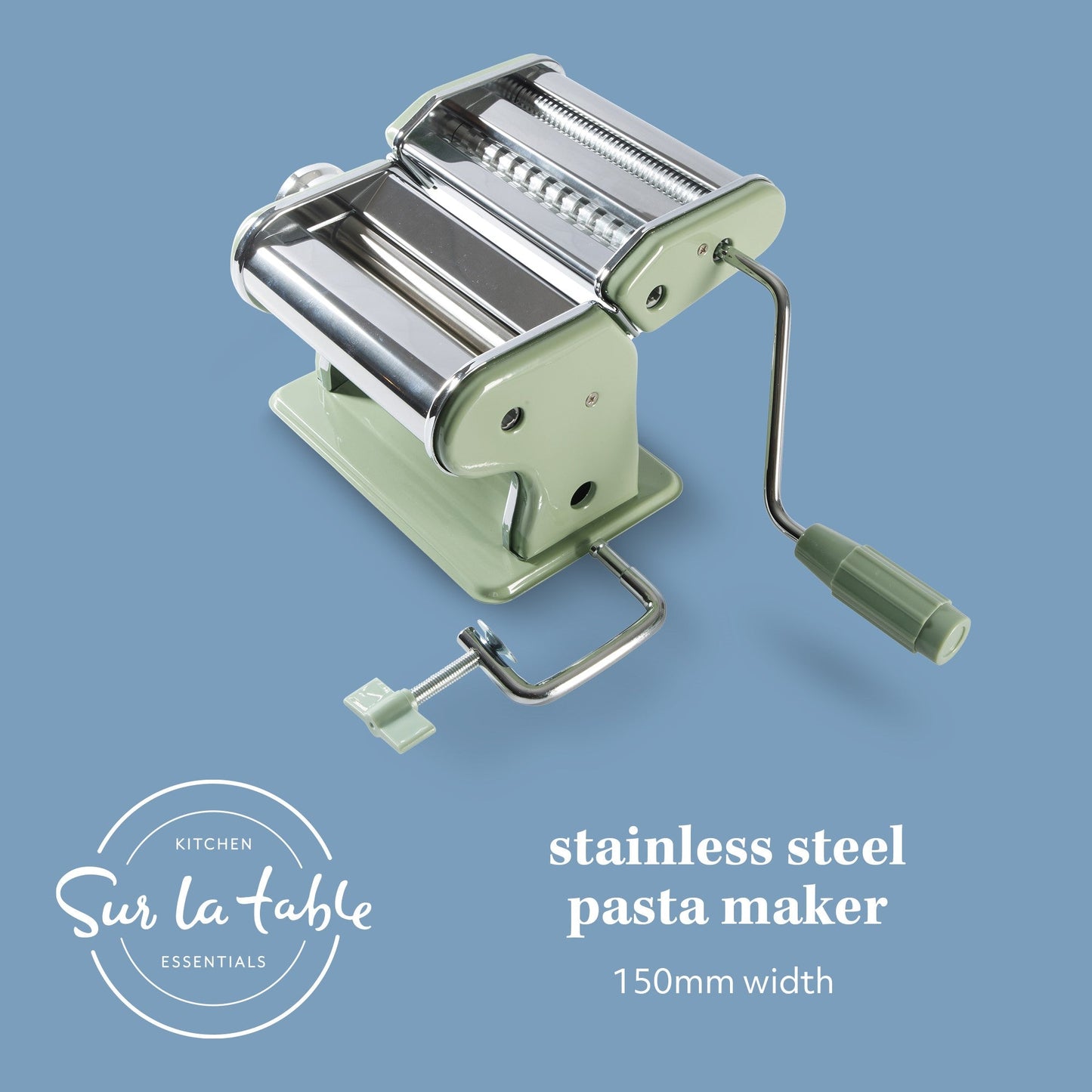 Sur La Table Kitchen Essential Va Bene Manual Pasta Maker Machine, Noodle Maker with Rollers and Cutters, Perfect for Spaghetti, Fettuccini, Lasagna or Dumpling Skin Silver, Stainless Steel/Juniper Green