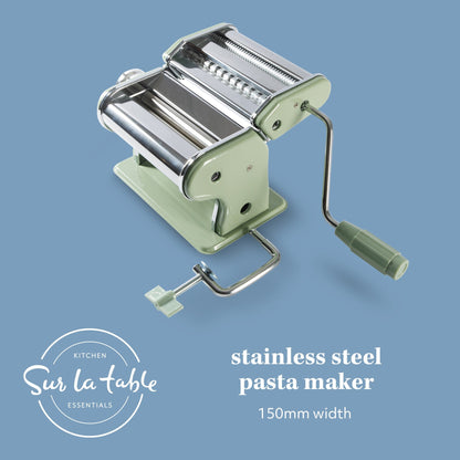Sur La Table Kitchen Essential Va Bene Manual Pasta Maker Machine, Noodle Maker with Rollers and Cutters, Perfect for Spaghetti, Fettuccini, Lasagna or Dumpling Skin Silver, Stainless Steel/Juniper Green