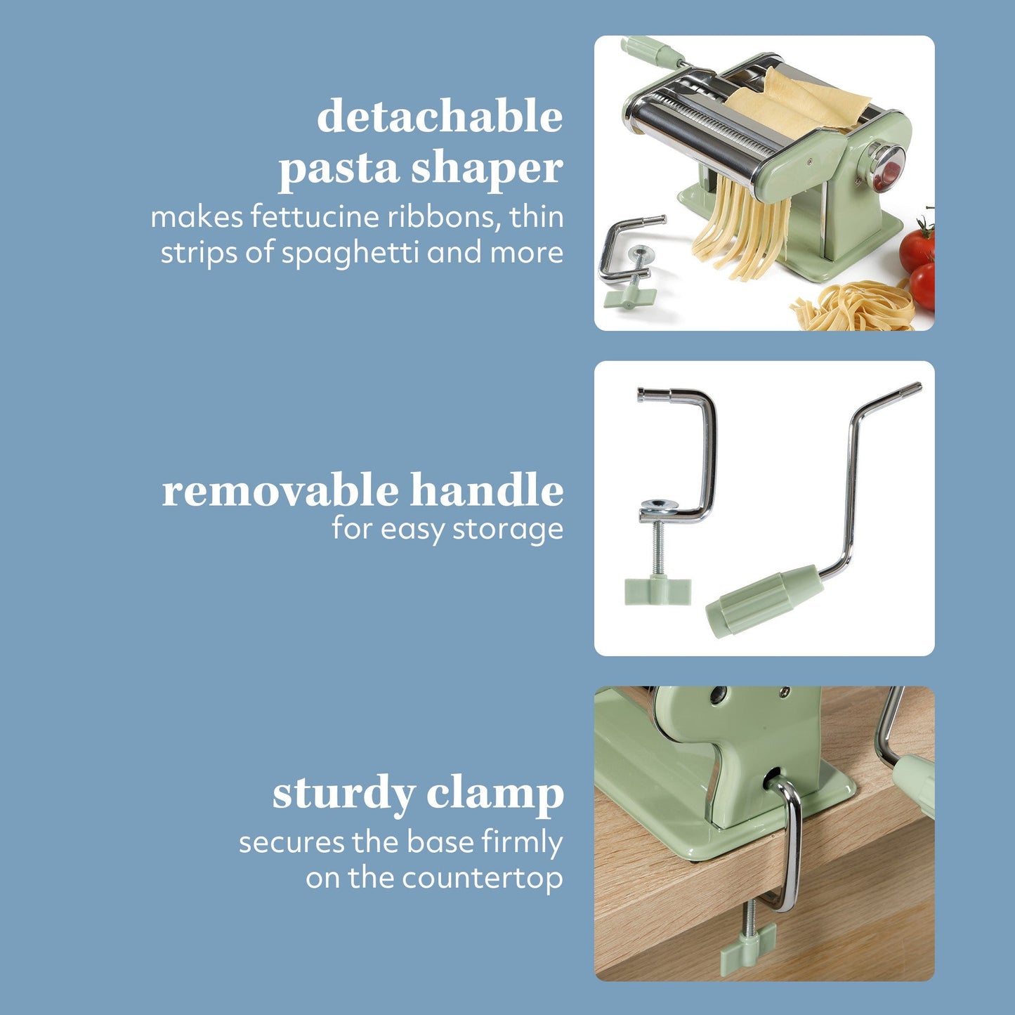 Sur La Table Kitchen Essential Va Bene Manual Pasta Maker Machine, Noodle Maker with Rollers and Cutters, Perfect for Spaghetti, Fettuccini, Lasagna or Dumpling Skin Silver, Stainless Steel/Juniper Green