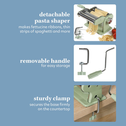 Sur La Table Kitchen Essential Va Bene Manual Pasta Maker Machine, Noodle Maker with Rollers and Cutters, Perfect for Spaghetti, Fettuccini, Lasagna or Dumpling Skin Silver, Stainless Steel/Juniper Green