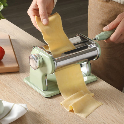 Sur La Table Kitchen Essential Va Bene Manual Pasta Maker Machine, Noodle Maker with Rollers and Cutters, Perfect for Spaghetti, Fettuccini, Lasagna or Dumpling Skin Silver, Stainless Steel/Juniper Green