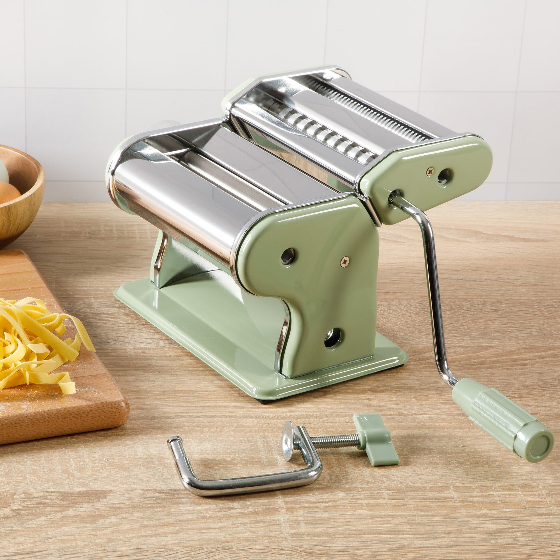 Sur La Table Kitchen Essential Va Bene Manual Pasta Maker Machine, Noodle Maker with Rollers and Cutters, Perfect for Spaghetti, Fettuccini, Lasagna or Dumpling Skin Silver, Stainless Steel/Juniper Green