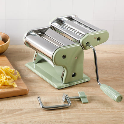 Sur La Table Kitchen Essential Va Bene Manual Pasta Maker Machine, Noodle Maker with Rollers and Cutters, Perfect for Spaghetti, Fettuccini, Lasagna or Dumpling Skin Silver, Stainless Steel/Juniper Green