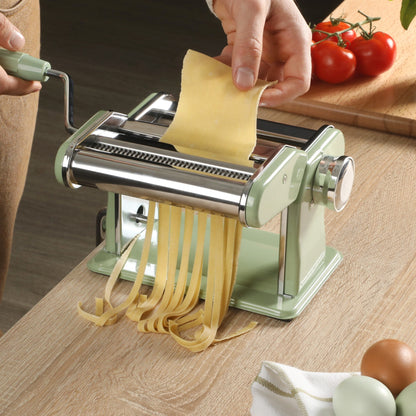 Sur La Table Kitchen Essential Va Bene Manual Pasta Maker Machine, Noodle Maker with Rollers and Cutters, Perfect for Spaghetti, Fettuccini, Lasagna or Dumpling Skin Silver, Stainless Steel/Juniper Green