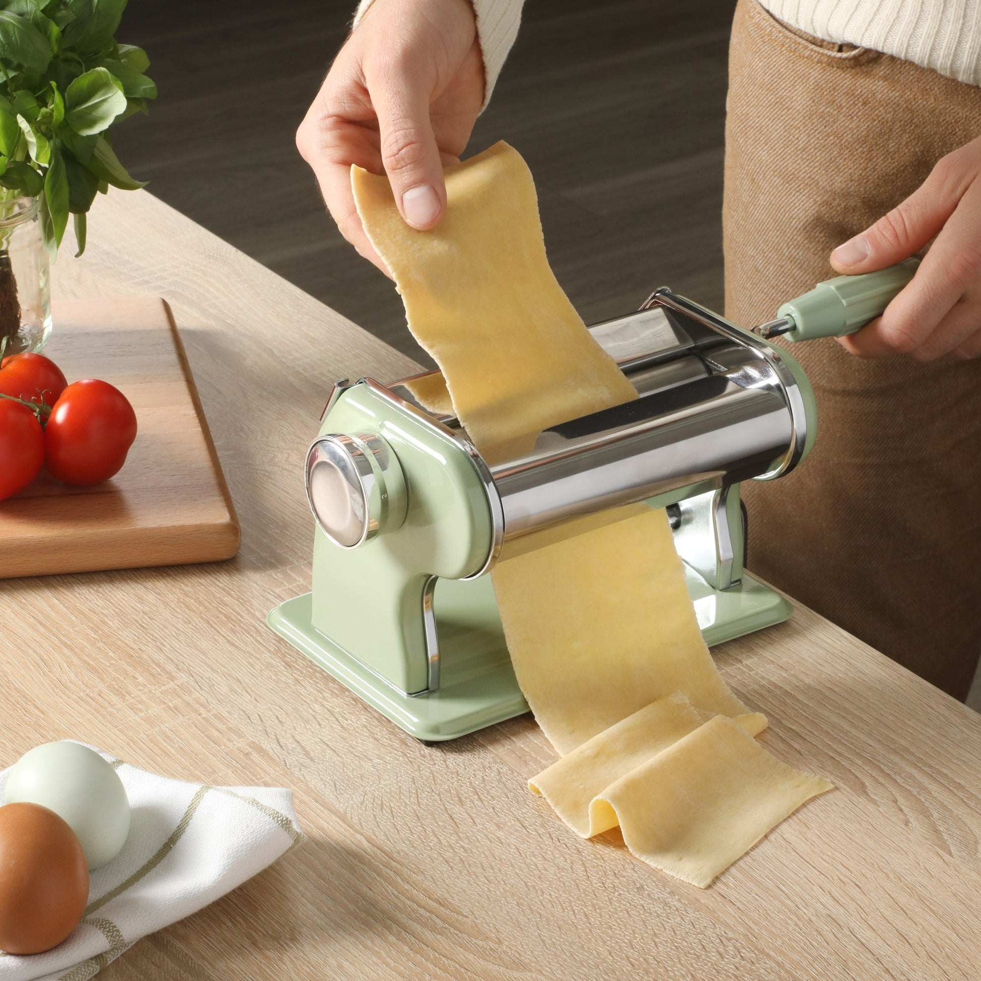 Sur La Table Kitchen Essential Va Bene Manual Pasta Maker Machine, Noodle Maker with Rollers and Cutters, Perfect for Spaghetti, Fettuccini, Lasagna or Dumpling Skin Silver, Stainless Steel/Juniper Green