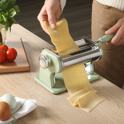 Sur La Table Kitchen Essential Va Bene Manual Pasta Maker Machine, Noodle Maker with Rollers and Cutters, Perfect for Spaghetti, Fettuccini, Lasagna or Dumpling Skin Silver, Stainless Steel/Juniper Green