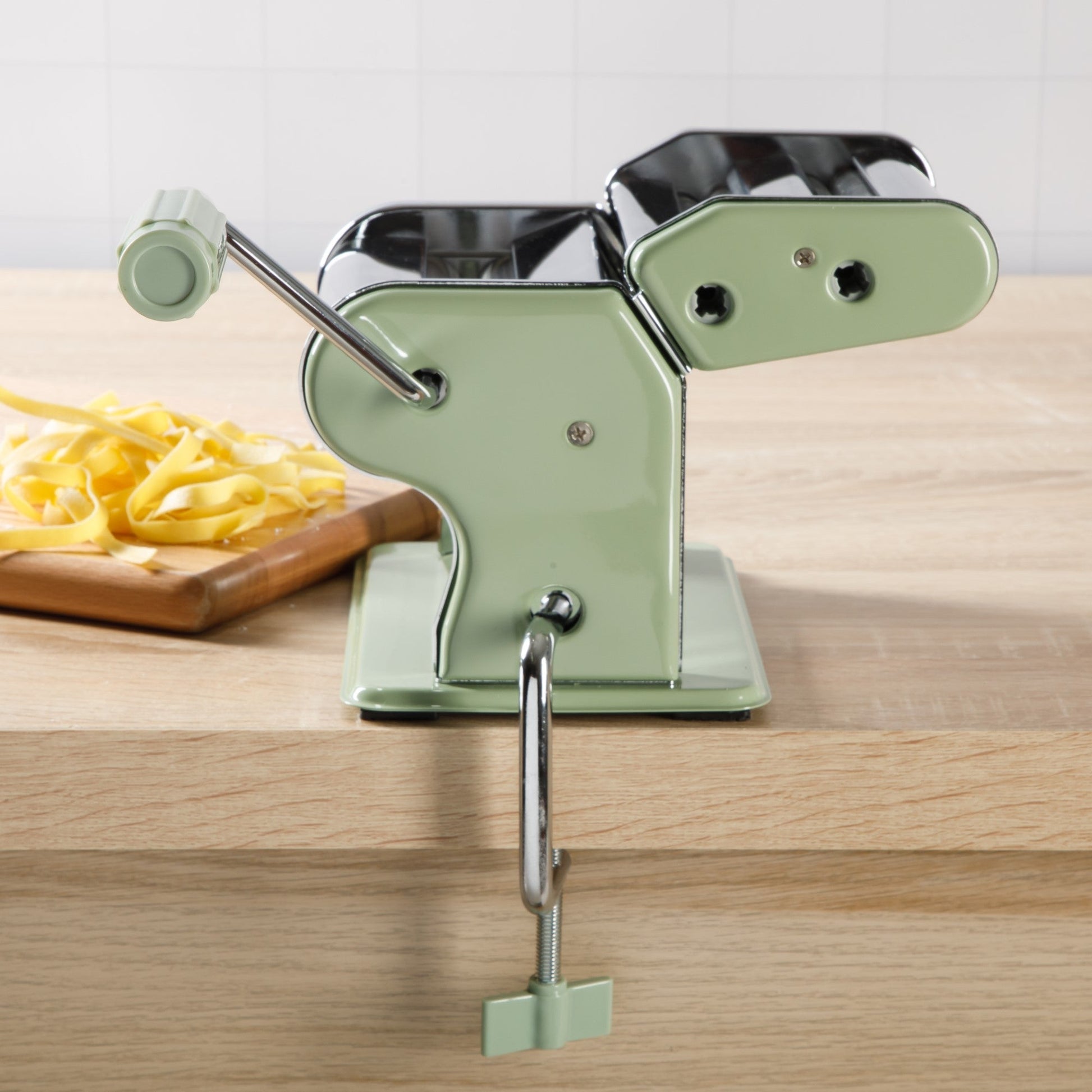 Sur La Table Kitchen Essential Va Bene Manual Pasta Maker Machine, Noodle Maker with Rollers and Cutters, Perfect for Spaghetti, Fettuccini, Lasagna or Dumpling Skin Silver, Stainless Steel/Juniper Green