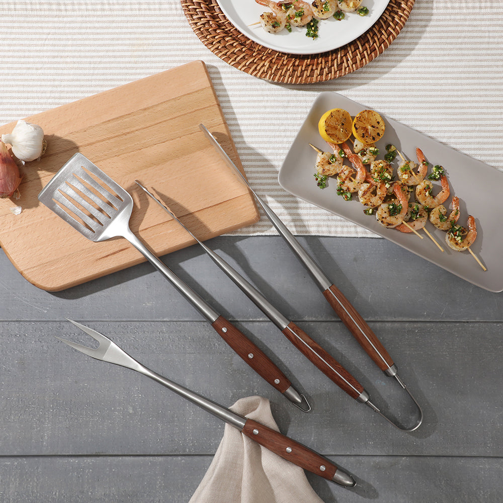 Sur La Table Kitchen Essentials Family Cookout Heavy Duty Stainless Steel Grilling Tool Set W/ Wooden Handles, Tongs, Slotted Turner, and Fork Set