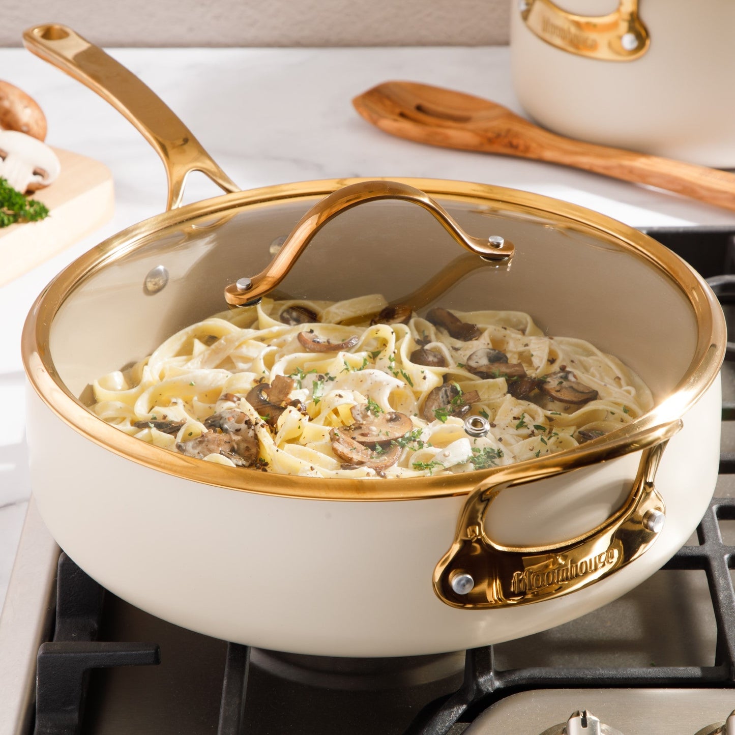 Bloomhouse  6 QT Heavy Duty Aluminum Premium PFA Free Ceramic Nonstick Saute/Deep Frying Pan Skillet with Lid - Linen White with Gold Handle