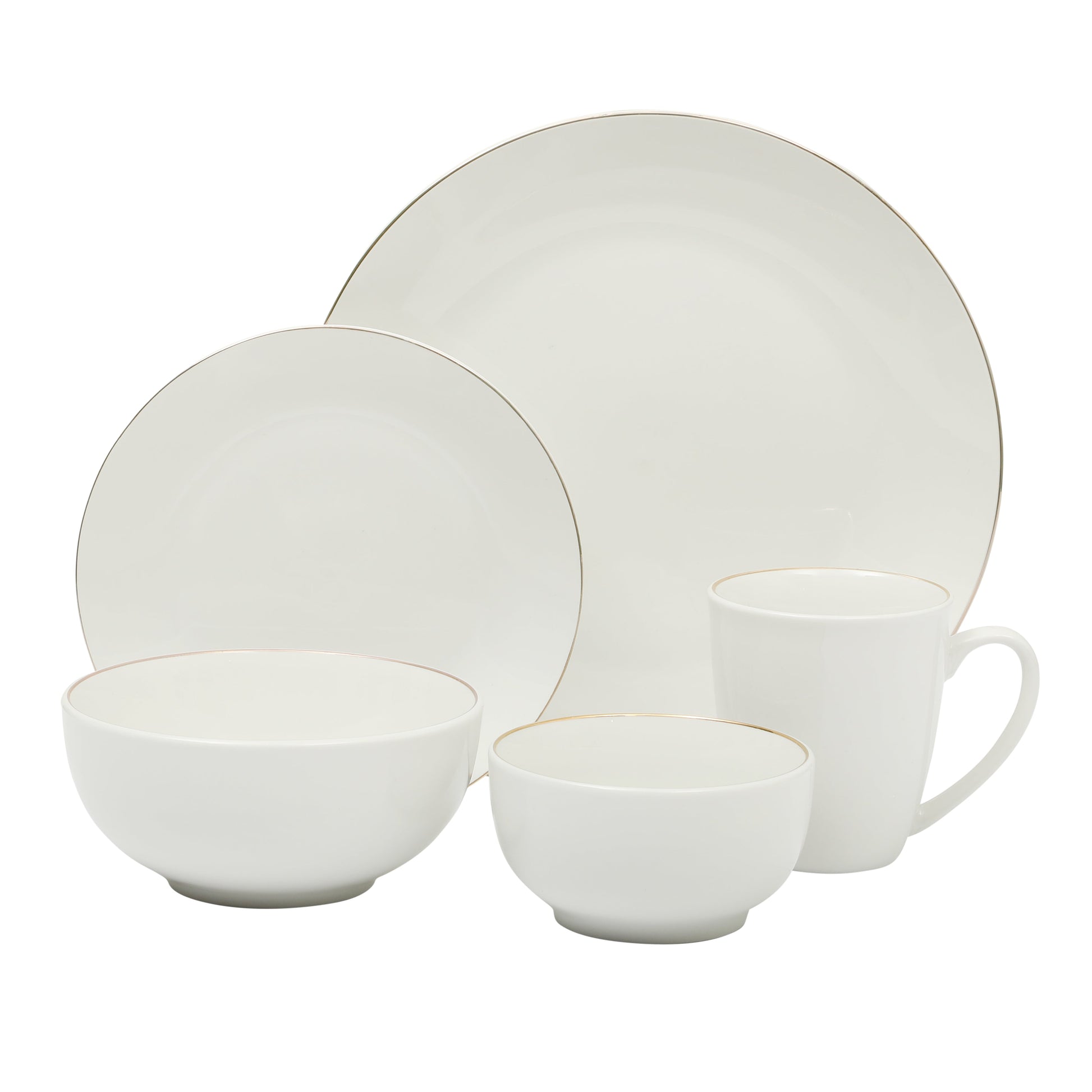 Gibson Home Ogalla 30 Piece Plates, Bowls, & Mugs Dinnerware Set - Service for 6 - White Porcelain W/ Gold Band