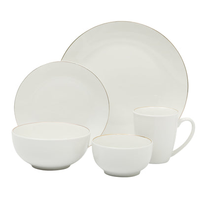 Gibson Home Ogalla 30 Piece Plates, Bowls, & Mugs Dinnerware Set - Service for 6 - White Porcelain W/ Gold Band