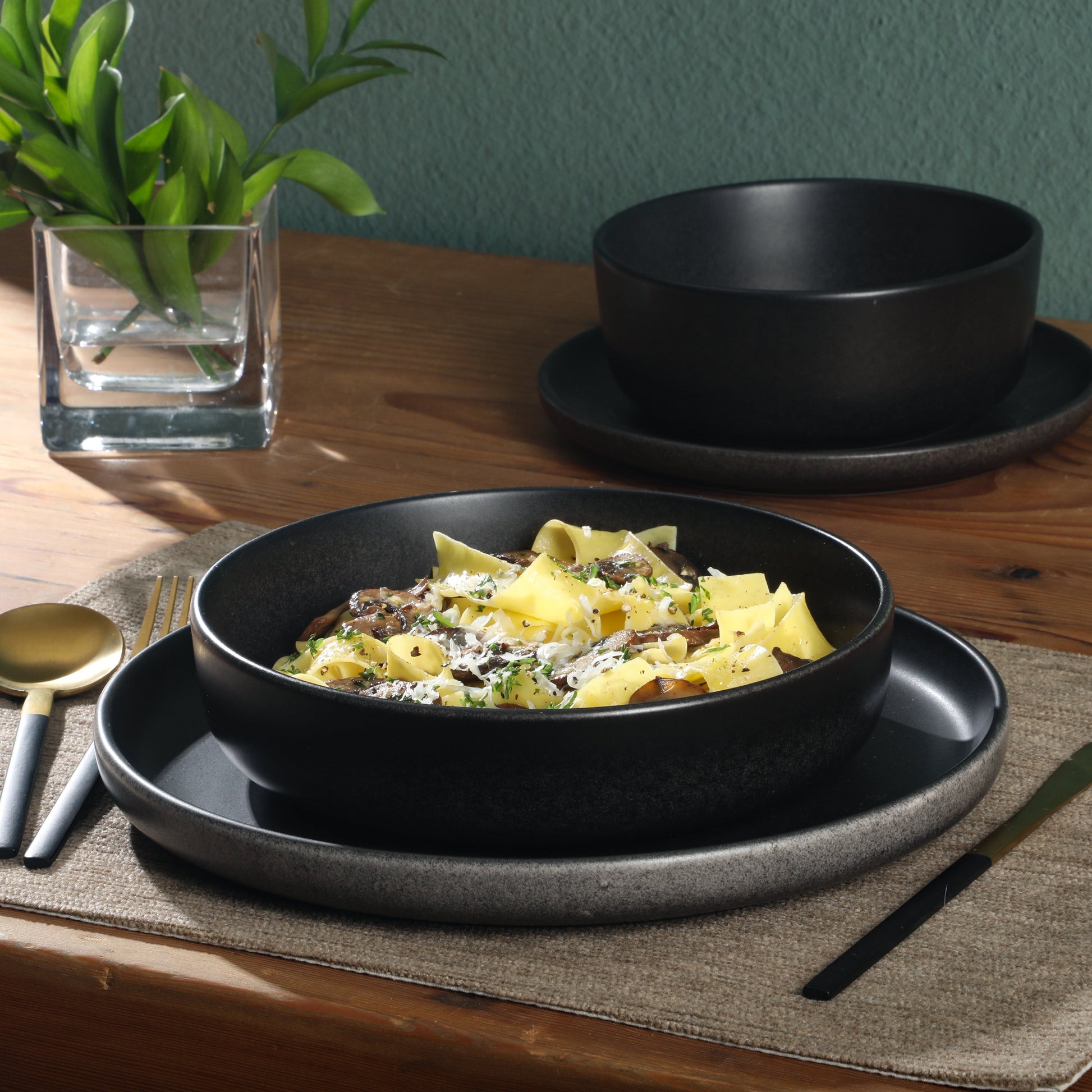 Gibson Elite Pasco 16 Piece (Service for 4) Plates and Bowls Double Bowl Reactive Glaze Dishes Stoneware Ceramic Dinnerware Set