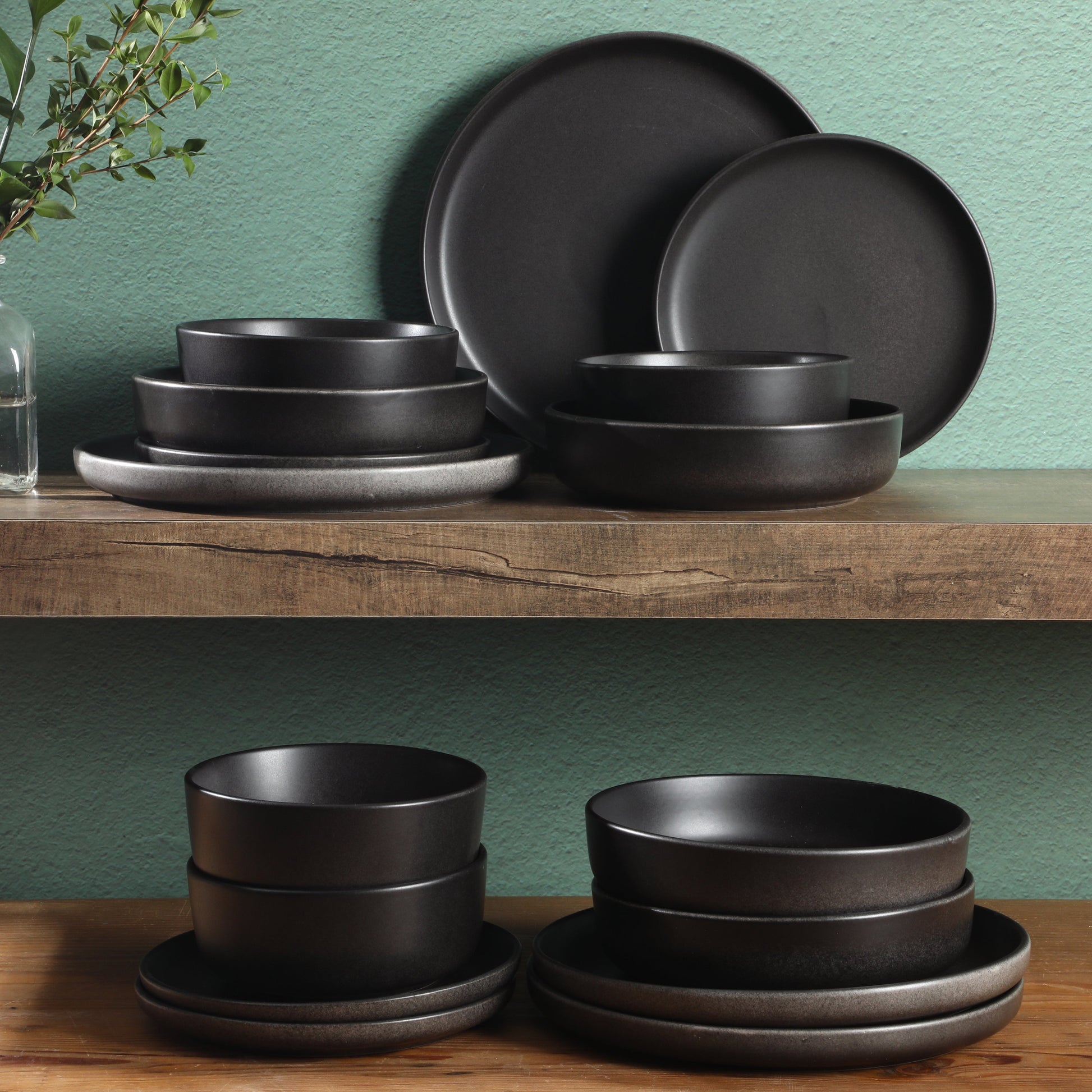 Gibson Elite Pasco 16 Piece (Service for 4) Plates and Bowls Double Bowl Reactive Glaze Dishes Stoneware Ceramic Dinnerware Set