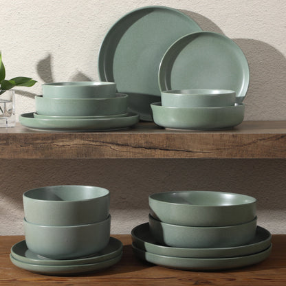 Gibson Elite Pasco 16 Piece (Service for 4) Plates and Bowls Double Bowl Reactive Glaze Dishes Stoneware Ceramic Dinnerware Set