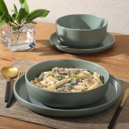 Gibson Elite Pasco 16 Piece (Service for 4) Plates and Bowls Double Bowl Reactive Glaze Dishes Stoneware Ceramic Dinnerware Set