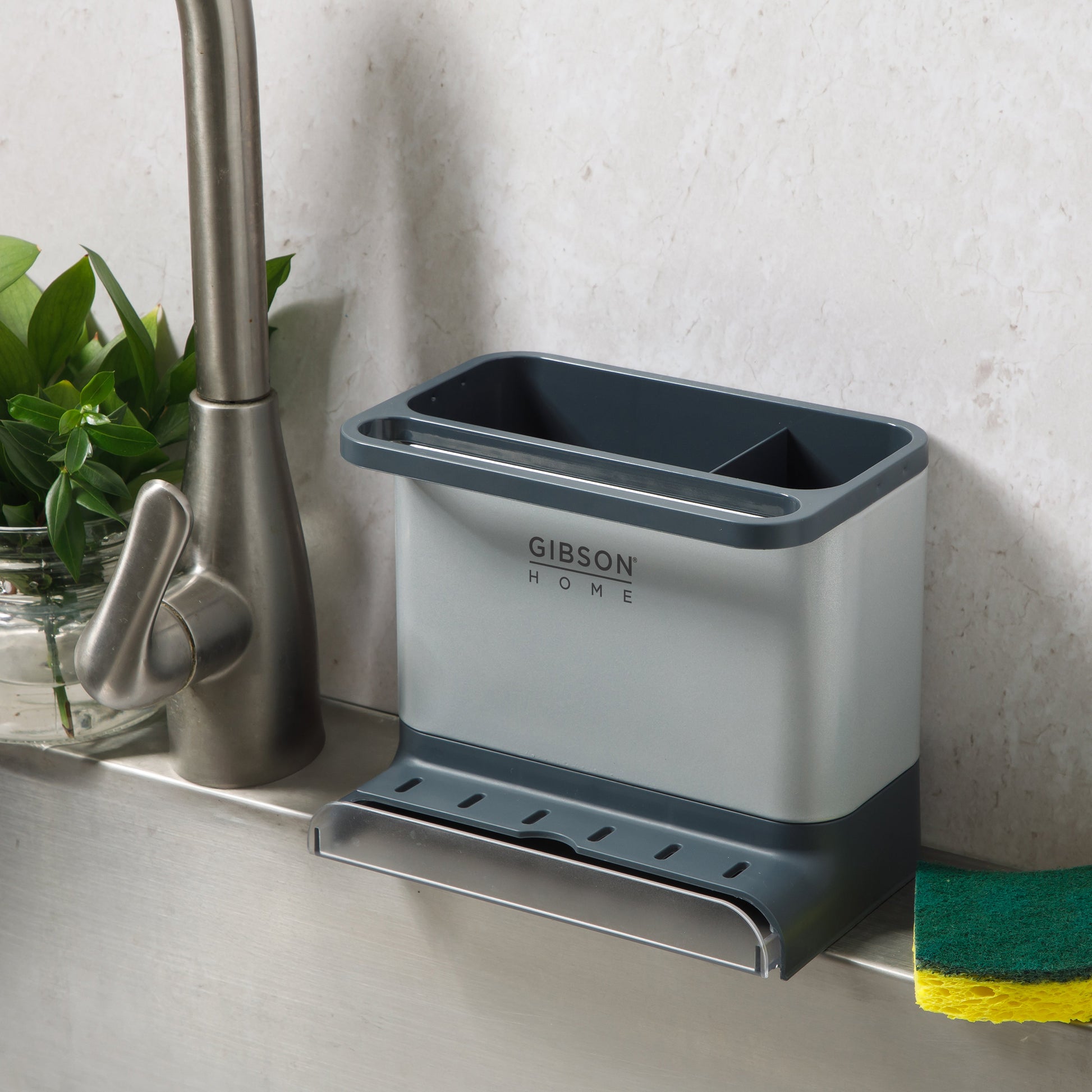 Gibson Home Ledgebrook Sink Caddy With Metal Panel, Metal Sponge Holder for Kitchen Sink, Countertop Organizer and Storage Essentials With Drain Board