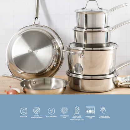 Sur La Table Kitchen Essentials 10 Piece Stainless Steel Non Toxic Pots and Pans Kitchen Cookware Set W/ Triply Encapsulated Base - Induction Safe